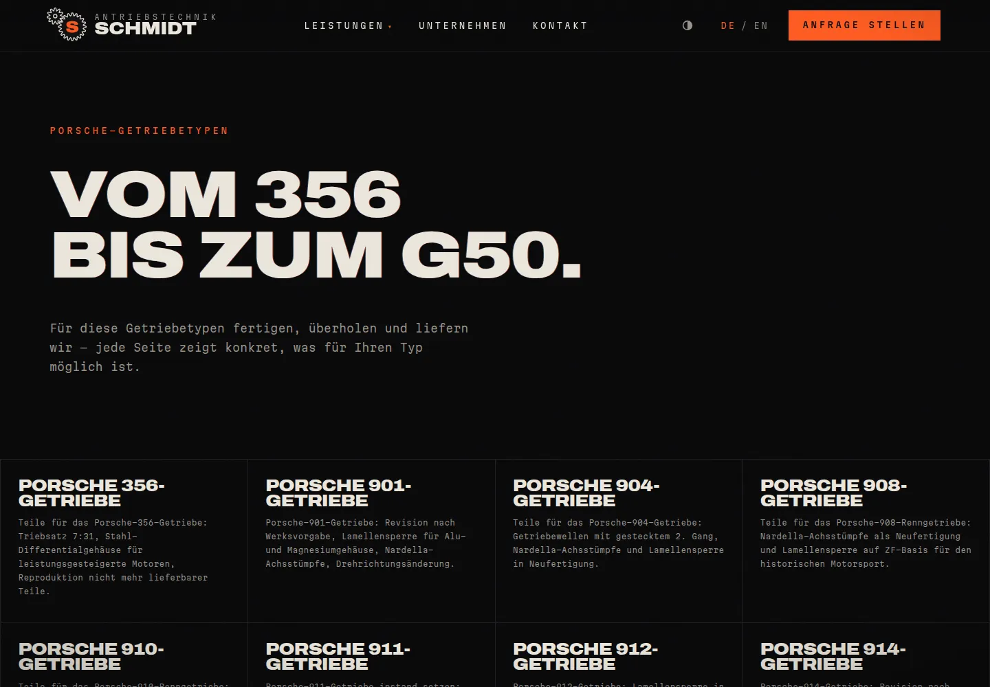 Übersicht der Porsche-Getriebetypen auf der neuen Website von Antriebstechnik Schmidt