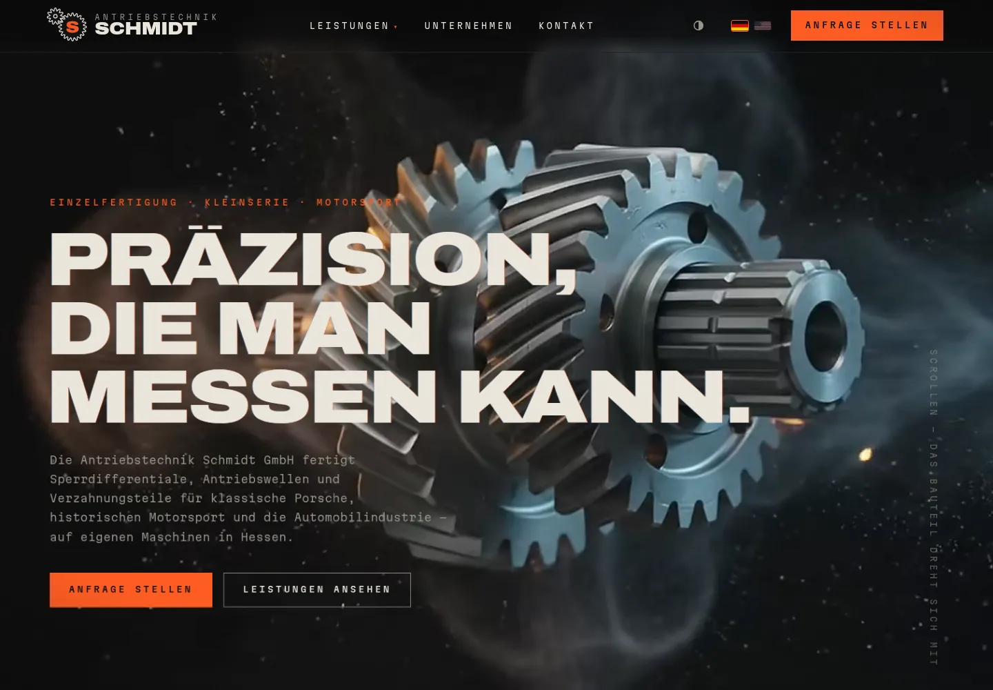 Startseite des Neubaus: „Präzision, die man messen kann" über einem Porsche-Getriebe