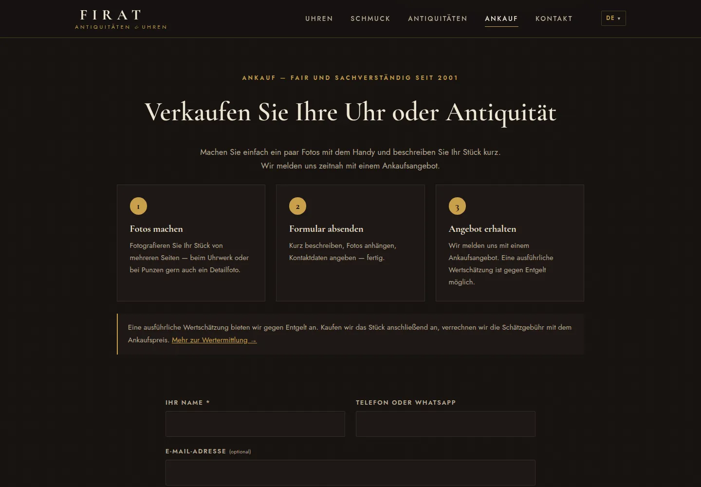 Ankaufsseite von firatantik.de mit Formular und Kategorien