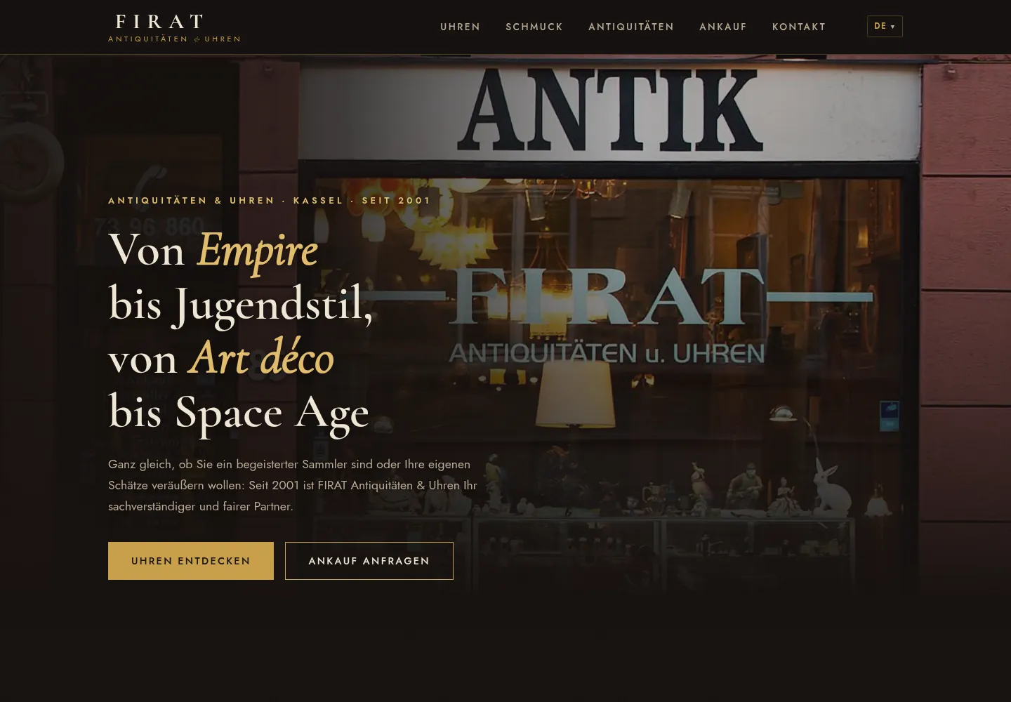 Startseite von firatantik.de mit dunklem Kopfbereich und Angebotsübersicht
