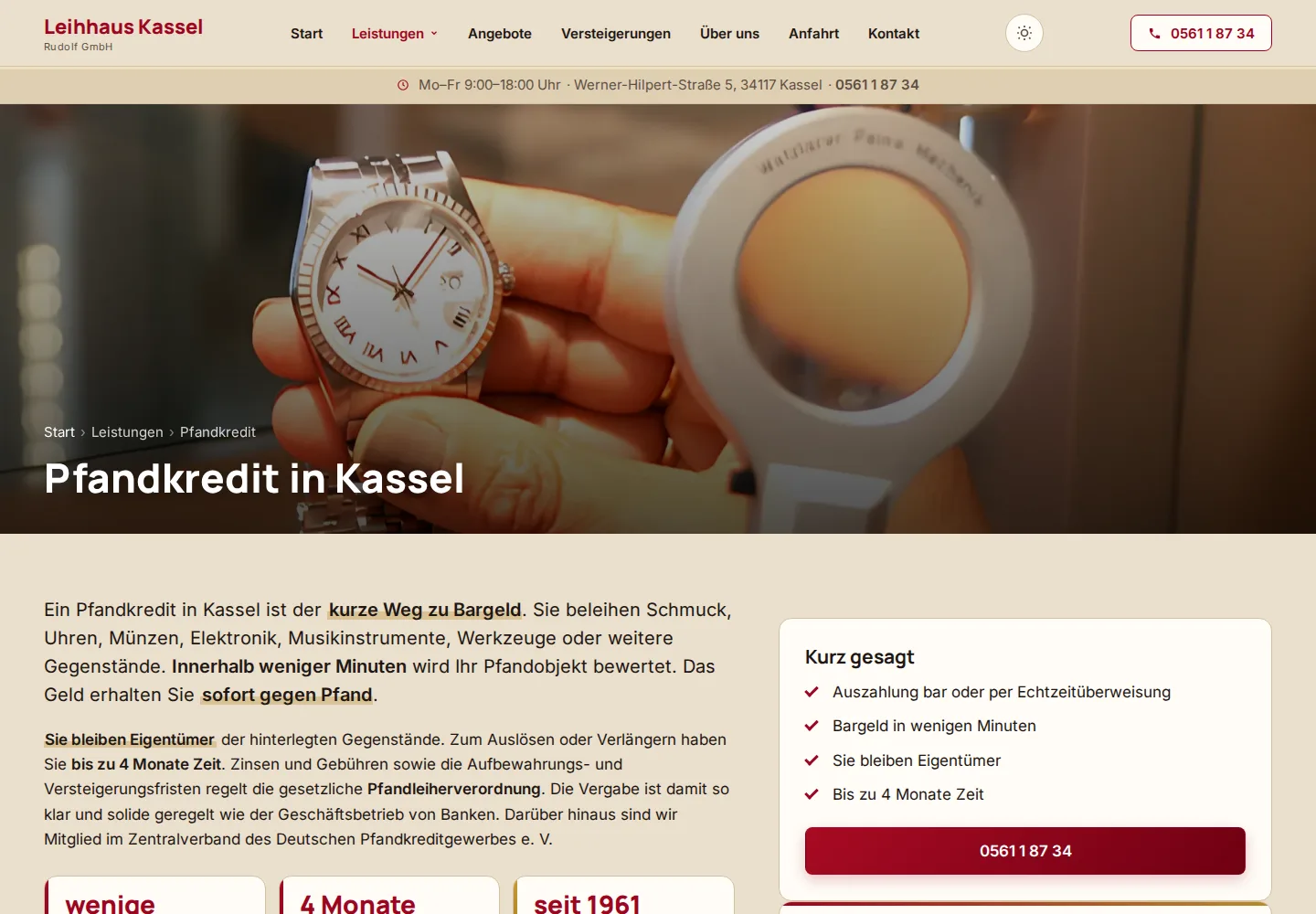 Seite „Pfandkredit" mit den Schritten vom Vorbeikommen bis zur Auszahlung
