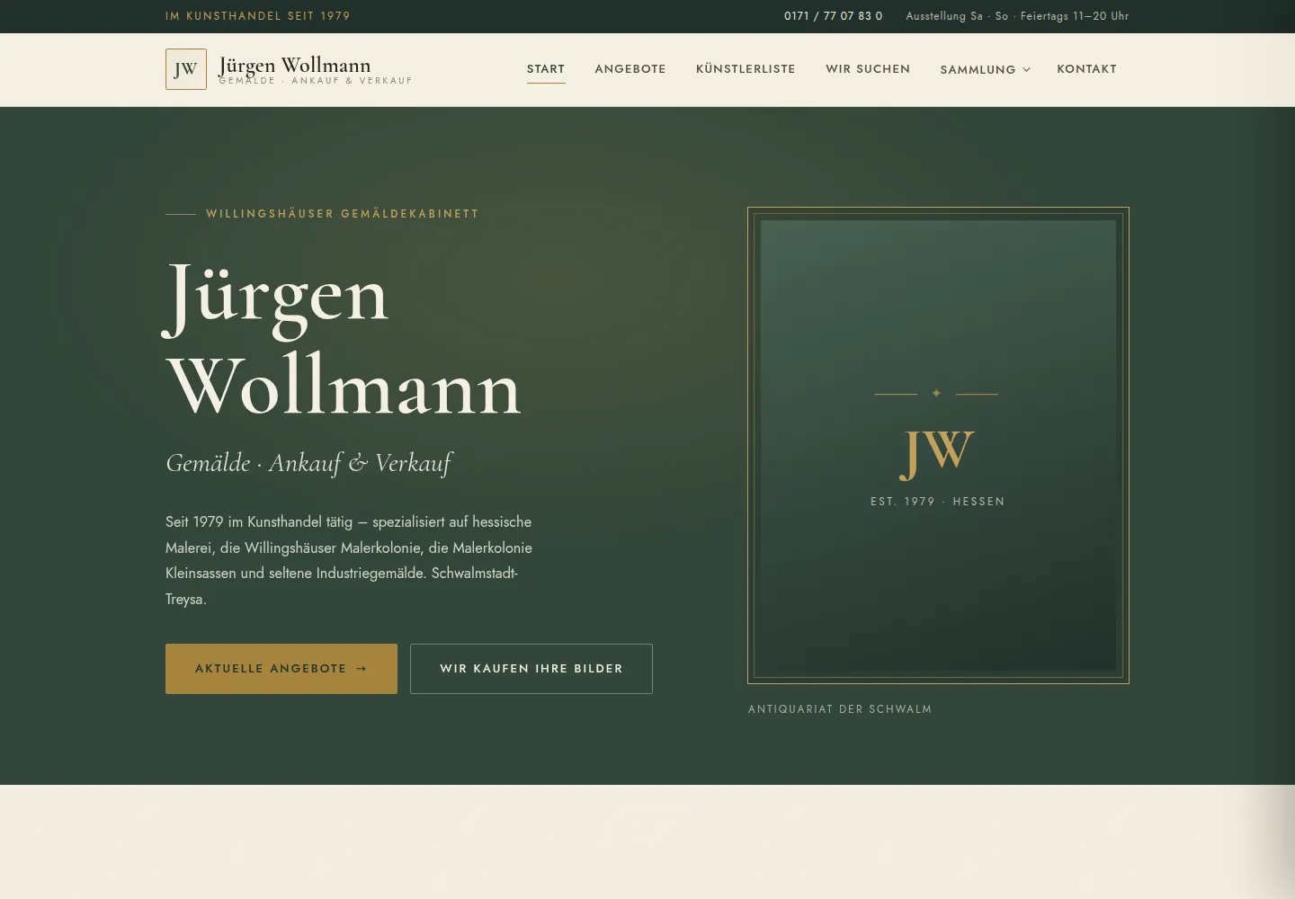 Startseite des Neubaus für Jürgen Wollmann Kunsthandel in dunklem Grün mit goldenen Akzenten
